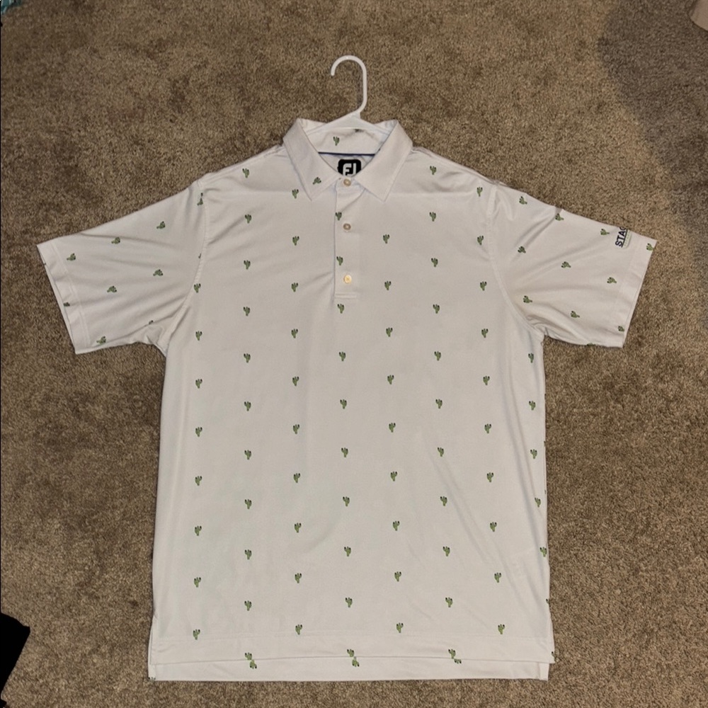 Men's FJ Golf White Polo Shirt with Green cactuses